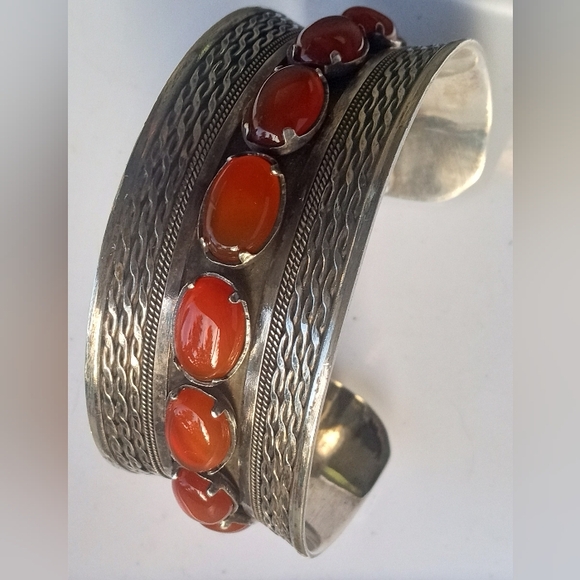 Sterling Silver Carnelian Wide Statement Cuff Bracelet - Picture 5 of 12